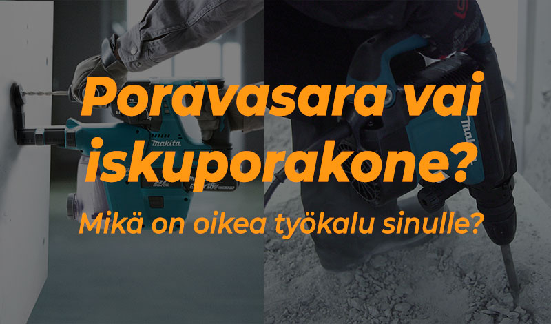 Akkuporavasara ja iskuporakone vierekkäin työpöydällä